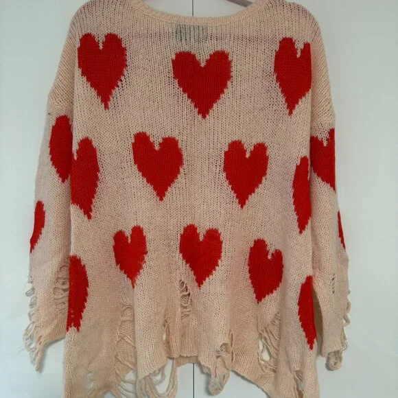 Wildfox Cream Heart Print Distressed Knit Sweater - Picture 3 of 4